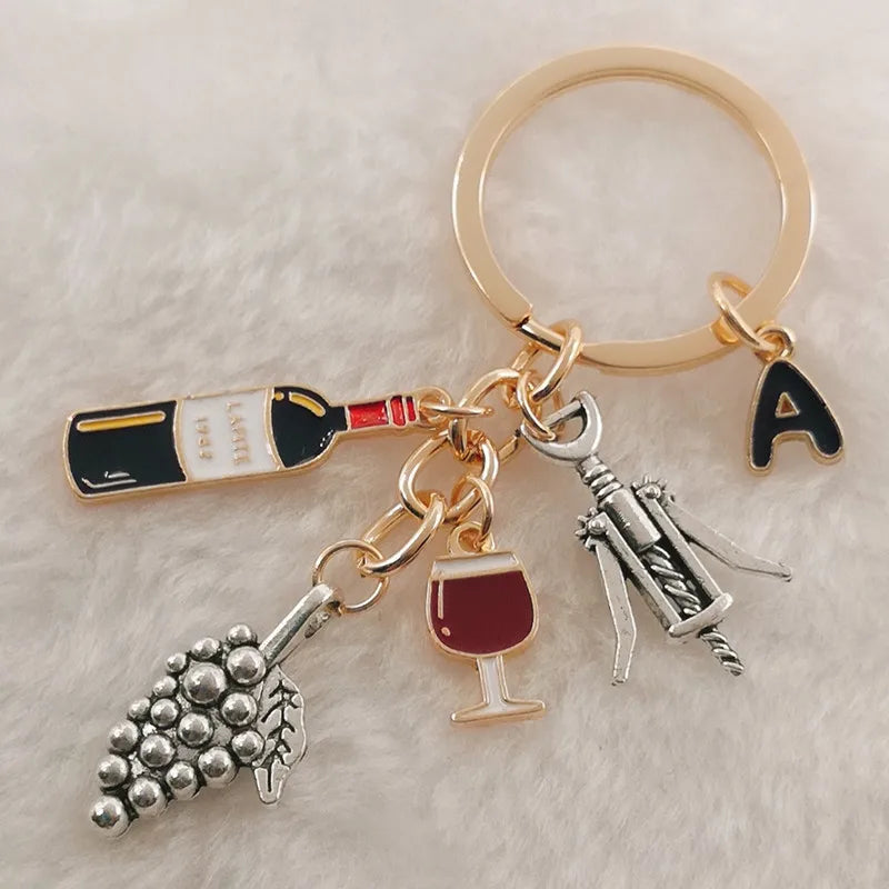 Charm Enamel A-Z Letters European and American Cocktail Grape Wine Bottle Opener Wine Glass Grape Wine Keychain Bar Keychain