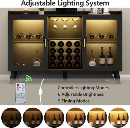 Wine Bar Cabinet with LED Light, Home Coffee Cabinet with Wine Rack and Glass Holder, Kitchen Buffet Sideboard W Storage Shelf
