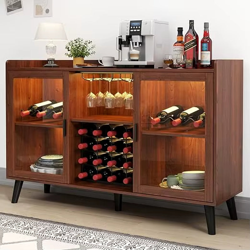 Wine Bar Cabinet with LED Light, Home Coffee Cabinet with Wine Rack and Glass Holder, Kitchen Buffet Sideboard W Storage Shelf