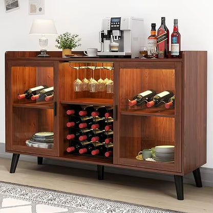 Wine Bar Cabinet with LED Light, Home Coffee Cabinet with Wine Rack and Glass Holder, Kitchen Buffet Sideboard W Storage Shelf